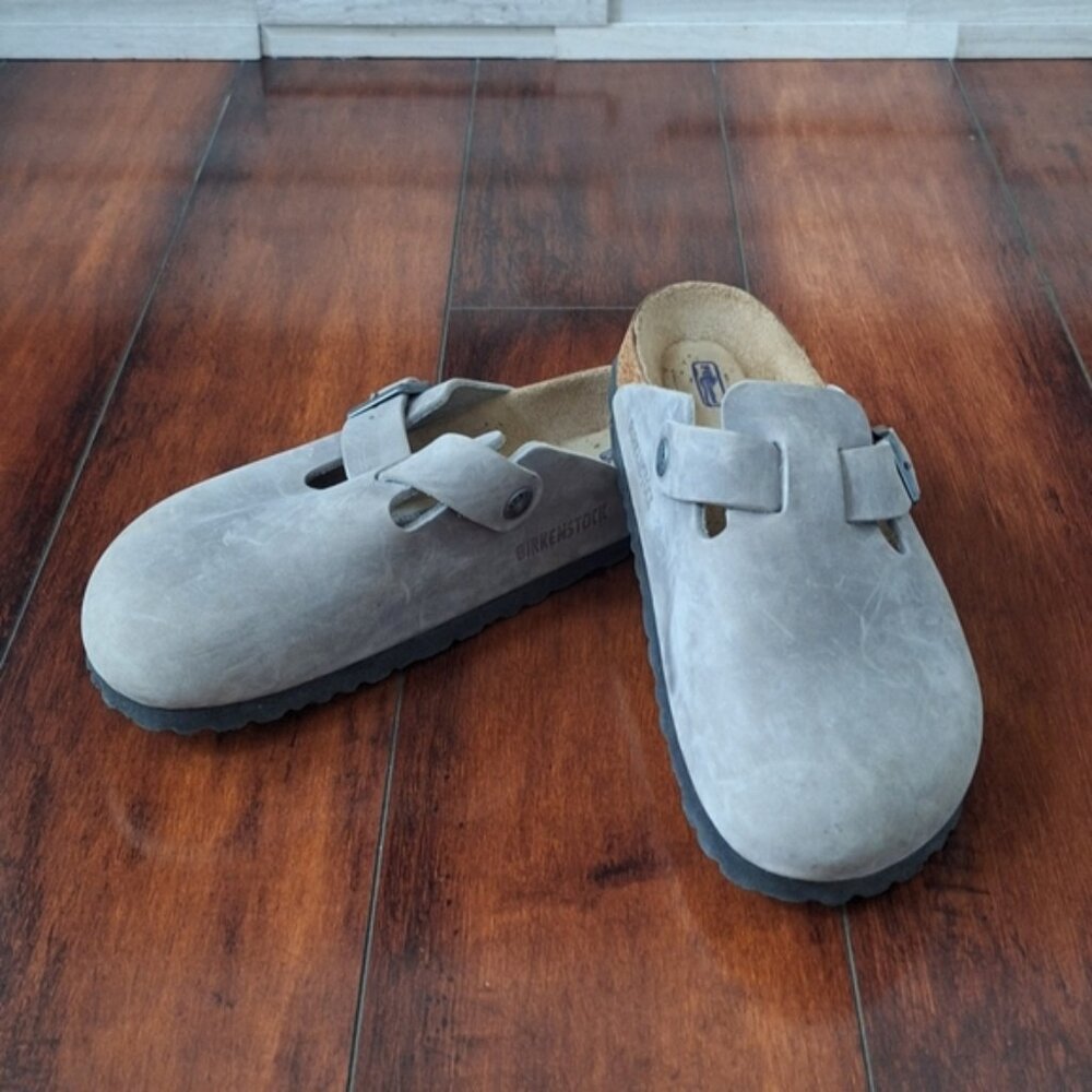 Birkenstock Boston soft footbed clog in a blue-grey suede